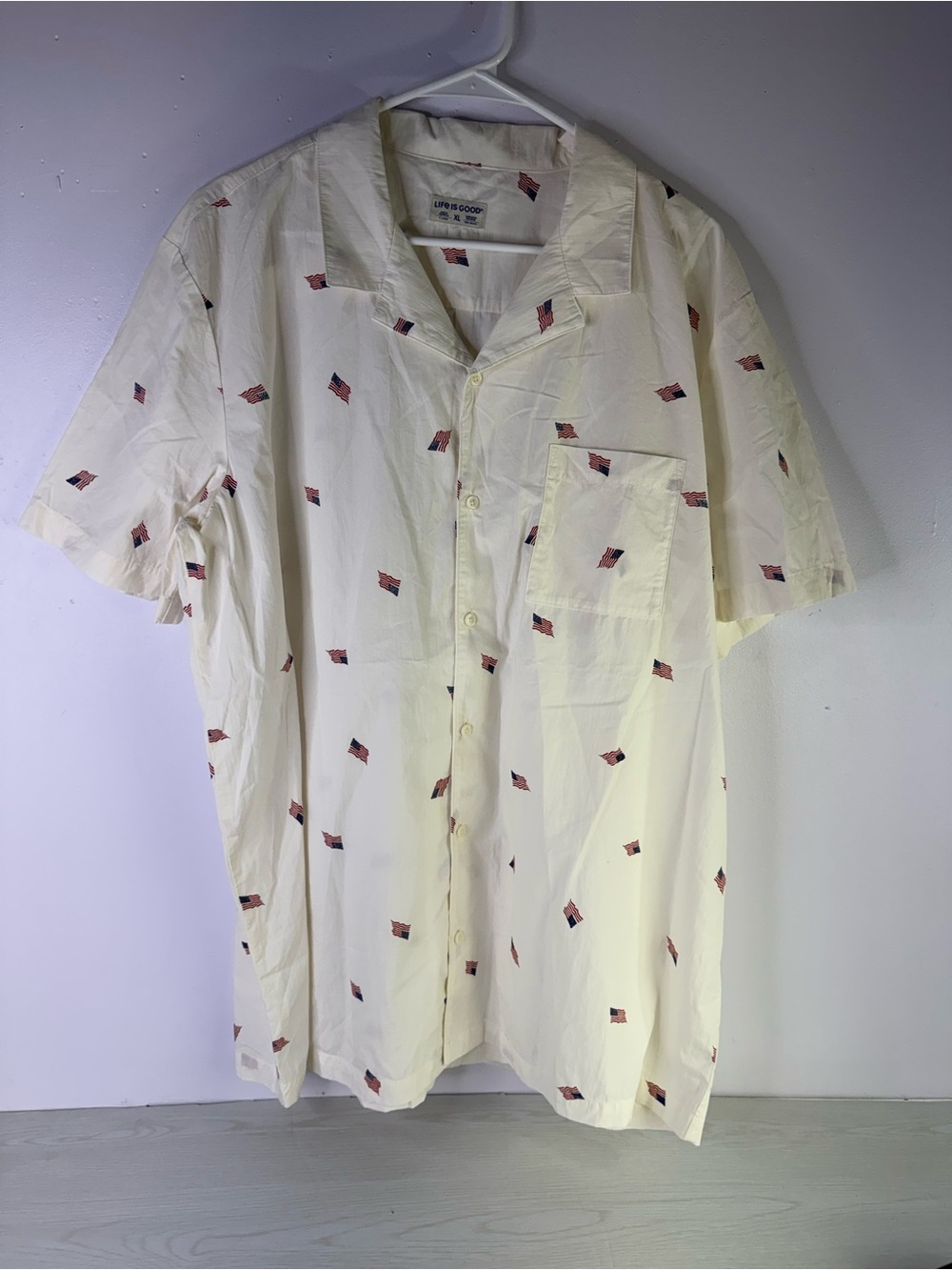 Life is Good button down Men's Flag Pattern Camp Shirt XL